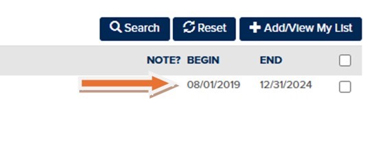 Orange arrow pointing to the beginning and end dates on TES