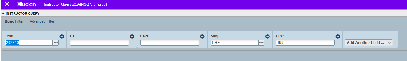 A screenshot of the ZSAINSQ form in Banner showing Term 202510, Subject. CHE, and Course 199
