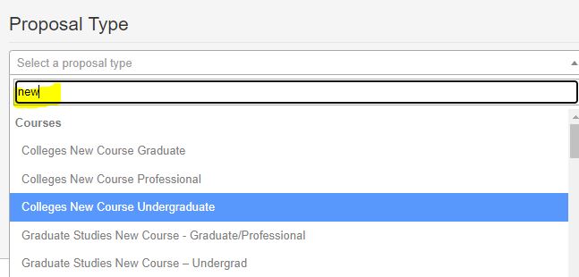 Proposal Type screen