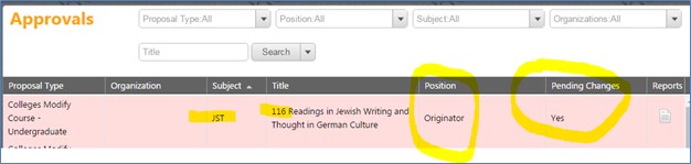 Originator position and pending changes screen
