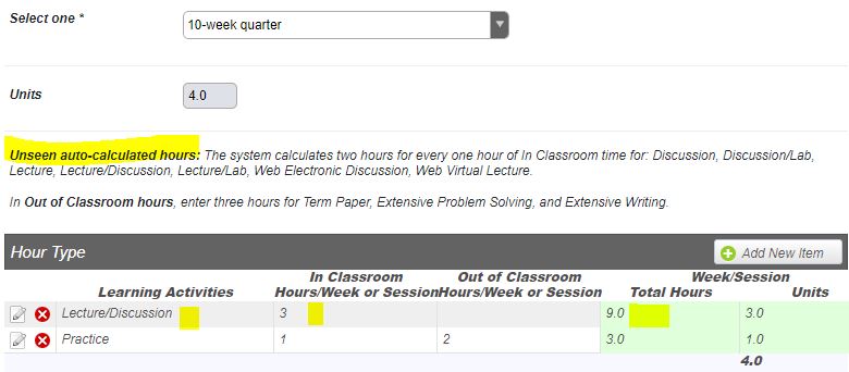 Auto calculated hours screen