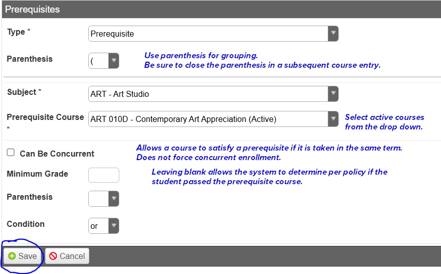 Prerequisite details screen