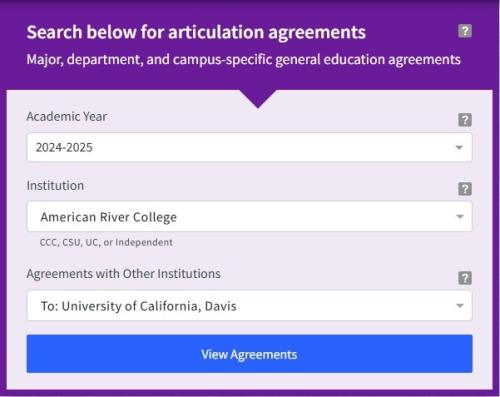Interactive menu to search for articulation agreements